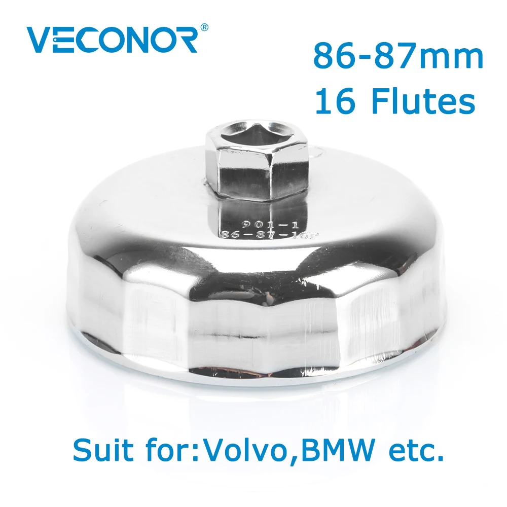 

Veconor 1/2" Square Dr. Steel 86mm-87mm Oil Filter Wrench Cap Housing Tool Remover 16 Flutes Universal For Volvo BMW