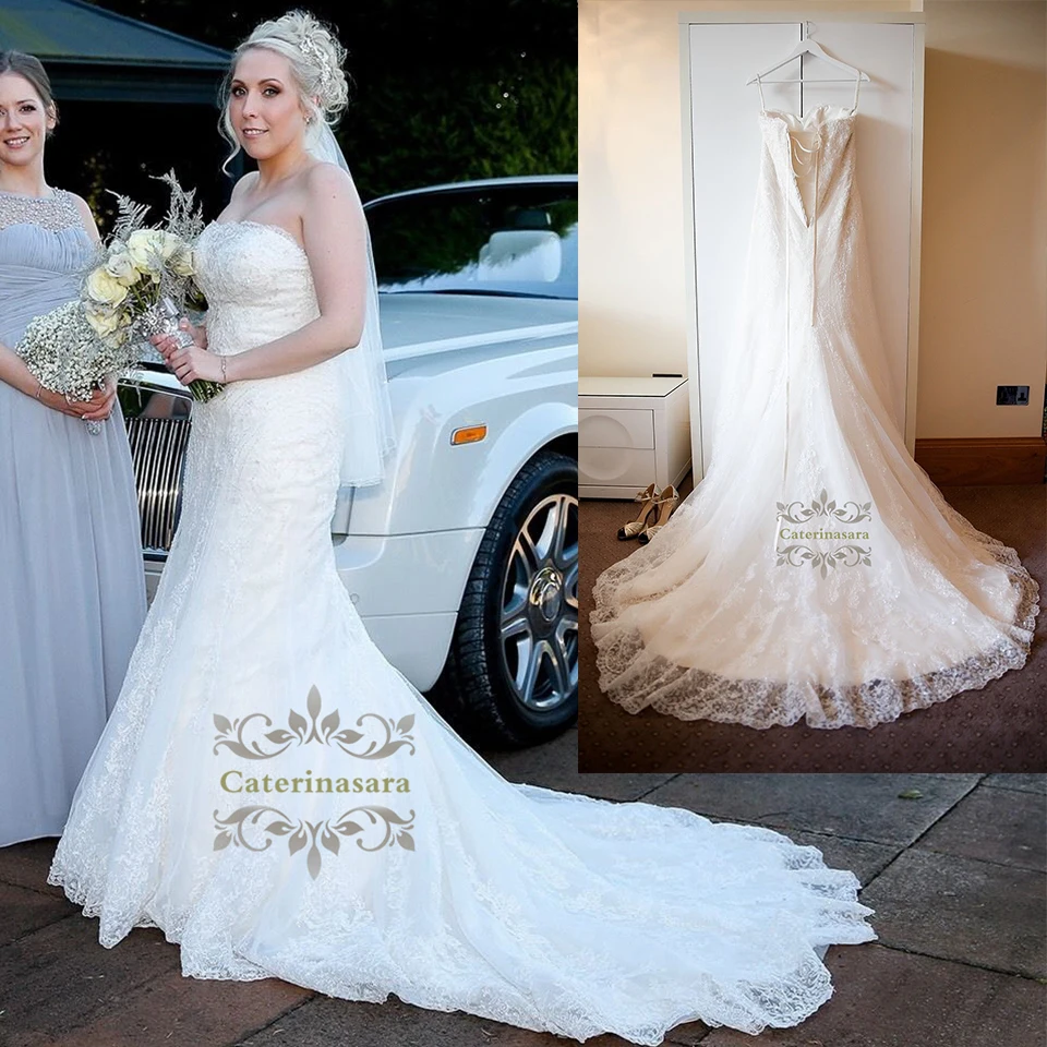 

Mermaid / Trumpet Strapless Wedding Dresses Court Train Lace Bride Gowns with Beadings Fit and Flare Skirt Hotel Party Wear