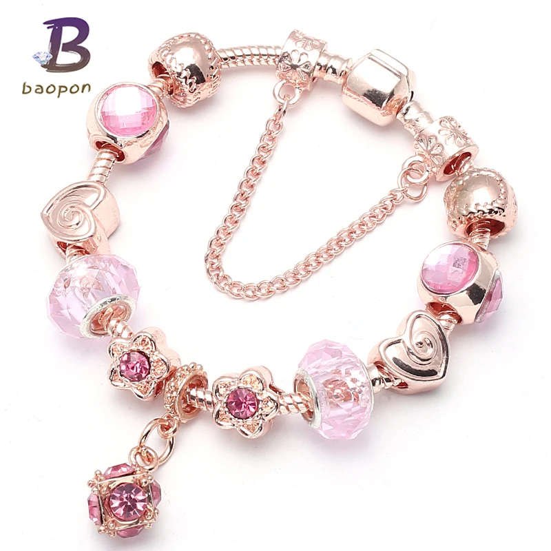0 : Buy BAOPON Fashion Silver Flowe Charms Bracelet Bangle for Women DIY Rose Gold ...