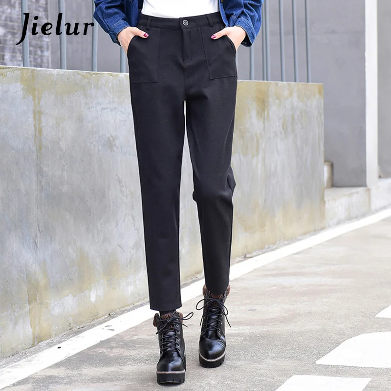 Jielur Осень Зима Досуг теплые шерстяные брюки женские корейская мода сплошной цвет серый черный шаровары Повседневные Карманы капри 2XL - Цвет: Черный