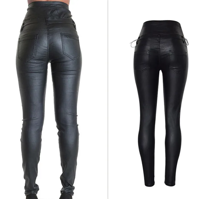 Stretch jeans stretch jeans for women's wear ultra high waist strap decorative coating leather stretch jeans PU large size (3)