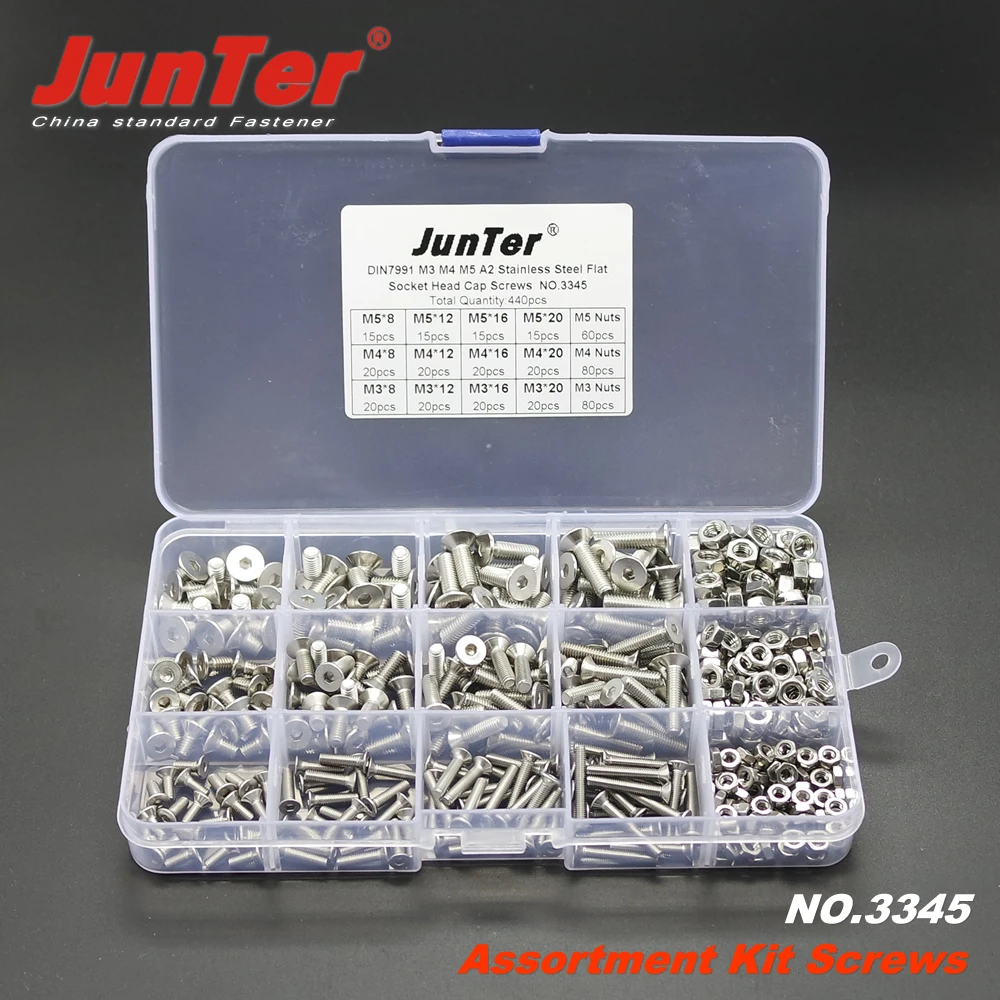 

440pcs M3 M4 M5 A2 Stainless Steel DIN7991 Flat Socket Head Cap Screws With Nuts Assortment Kit NO.3345