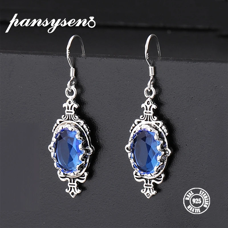 

PANSYSEN Original 2019 New Sea Blue Natural Topaz Drop Earrings Genunie 925 silver Jewelry Earrings Women Engagement Party Gift