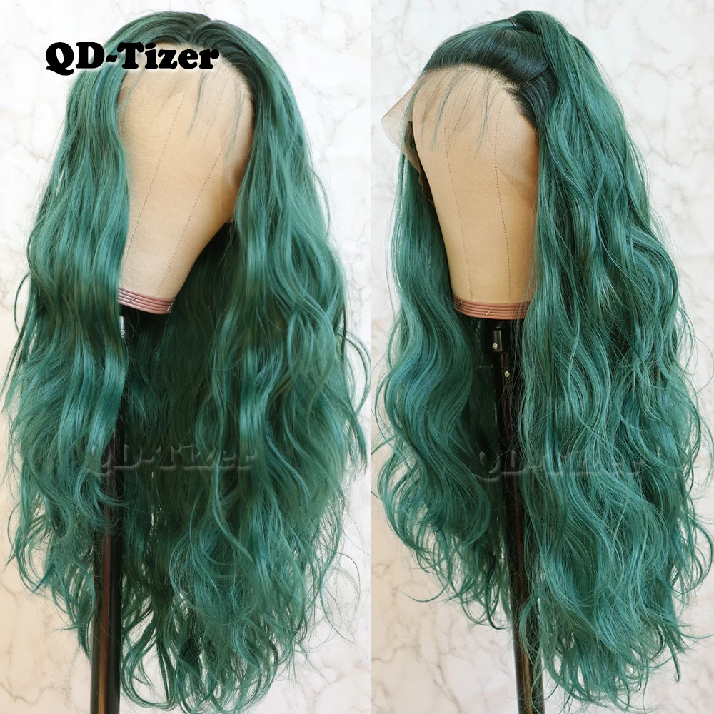QD-Tizer Hair Loose Wave Hair Lace Wig with BabyHair Glueless Heat Resistant Synthetic Lace Front Wigs for Women Ombre Green Wig