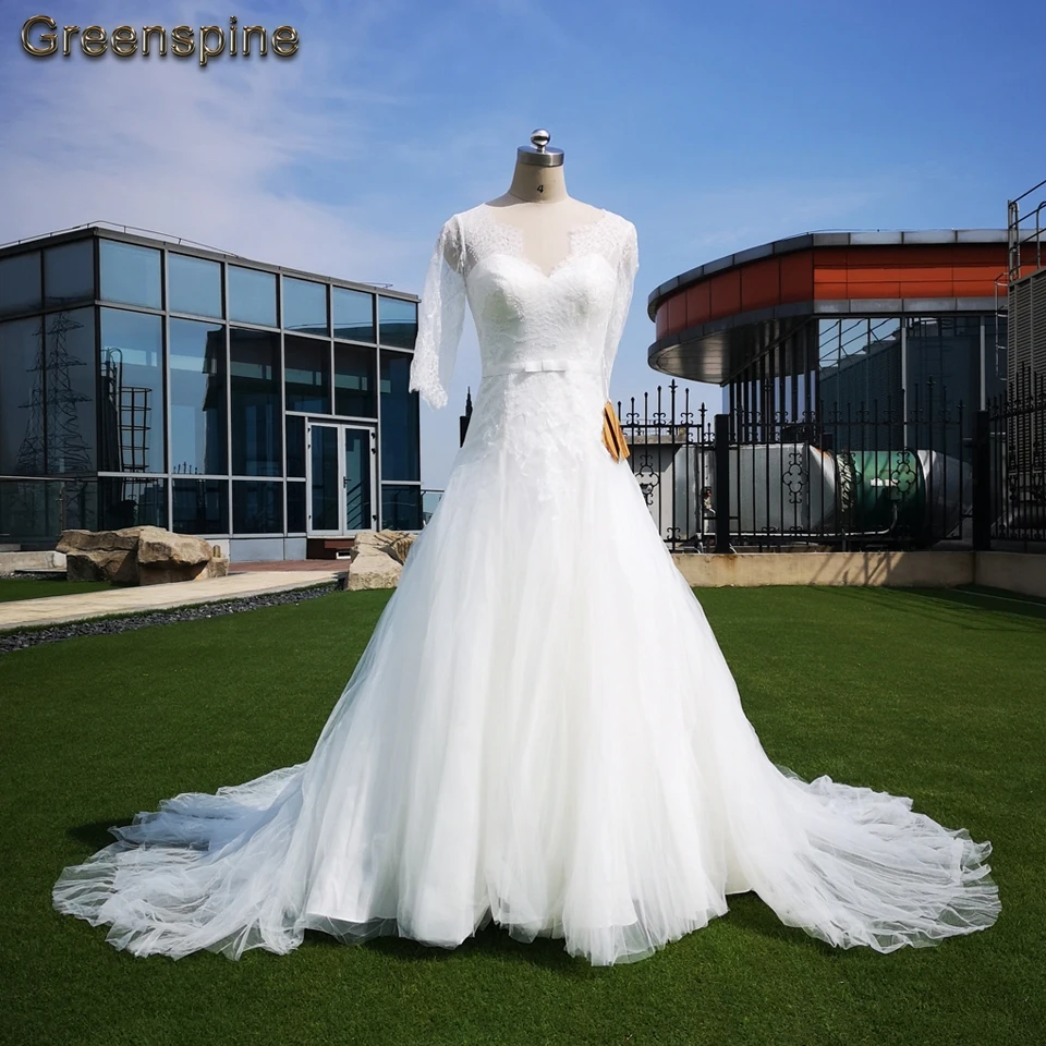 

Greenspine Cheap Wedding Dresses China 2019 Vintage Lace 3/4 Sleeves Bridal Dress Under $50 High Quality Vestido Sereia Noiva