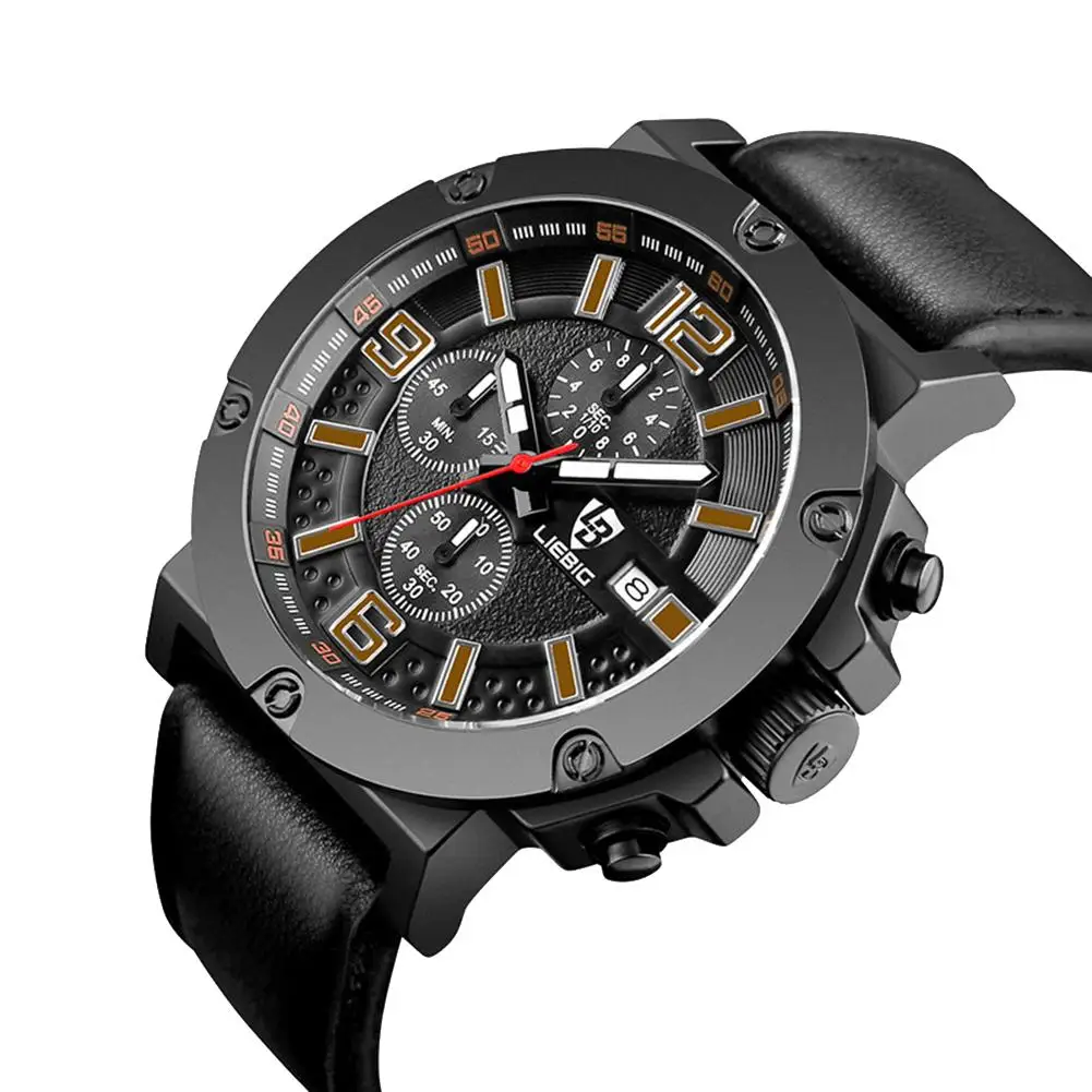 

Chronograph Sub-dial Calendar Leather Band Men Quartz Wrist Watch