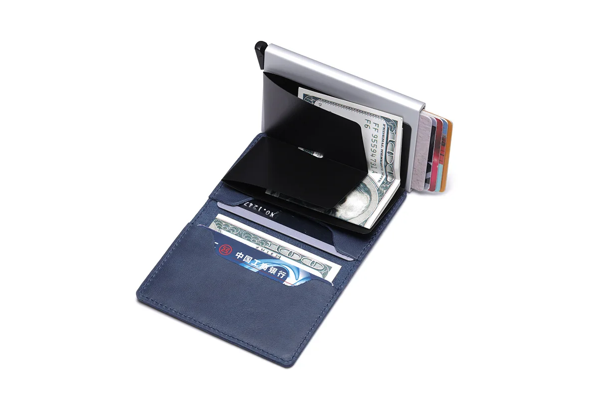 RFID Блокировка мягкой натуральной кожи держатель кредитной карты Алюминий Бизнес ID Slim тонкий металлический корпус для карт мини кошелек