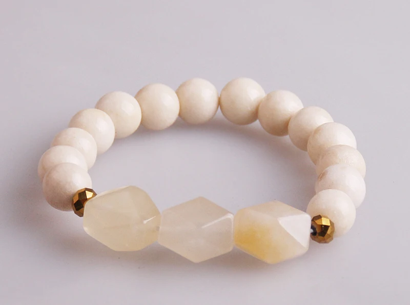 Браслет с натуральными бежевыми гладкими камнями 10 мм|bracelet ring|stone tubebracelet korean |