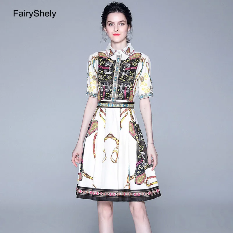 

FairyShley 2019 Autumn Vintage Half Sleeve Print Shirt Dress Women Elegant Turn Down Collar Mini Dress Pleated Party Short Dress