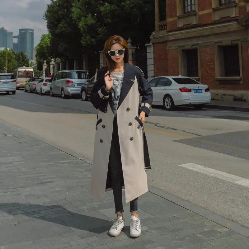 

Korean Women Loose Large Size Knee-length Coat 2019 Autumn Plaid Matching Color Trench Coat Pockets Epaulet Double Breasted