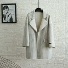 Kobykoyi зима Для женщин шерстяное пальто с отложным воротником Шерсть Для женщин Пальто в полоску Casaco Feminino Для женщин Кардиган топы для Для женщин