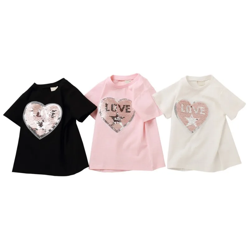 

2-5T Hot Baby T-Shirt Children Girls Summer Cotton Sequin Love Pattern T-shirt Tops Blouse Short Sleeve Casual Sweet Tee Shirts