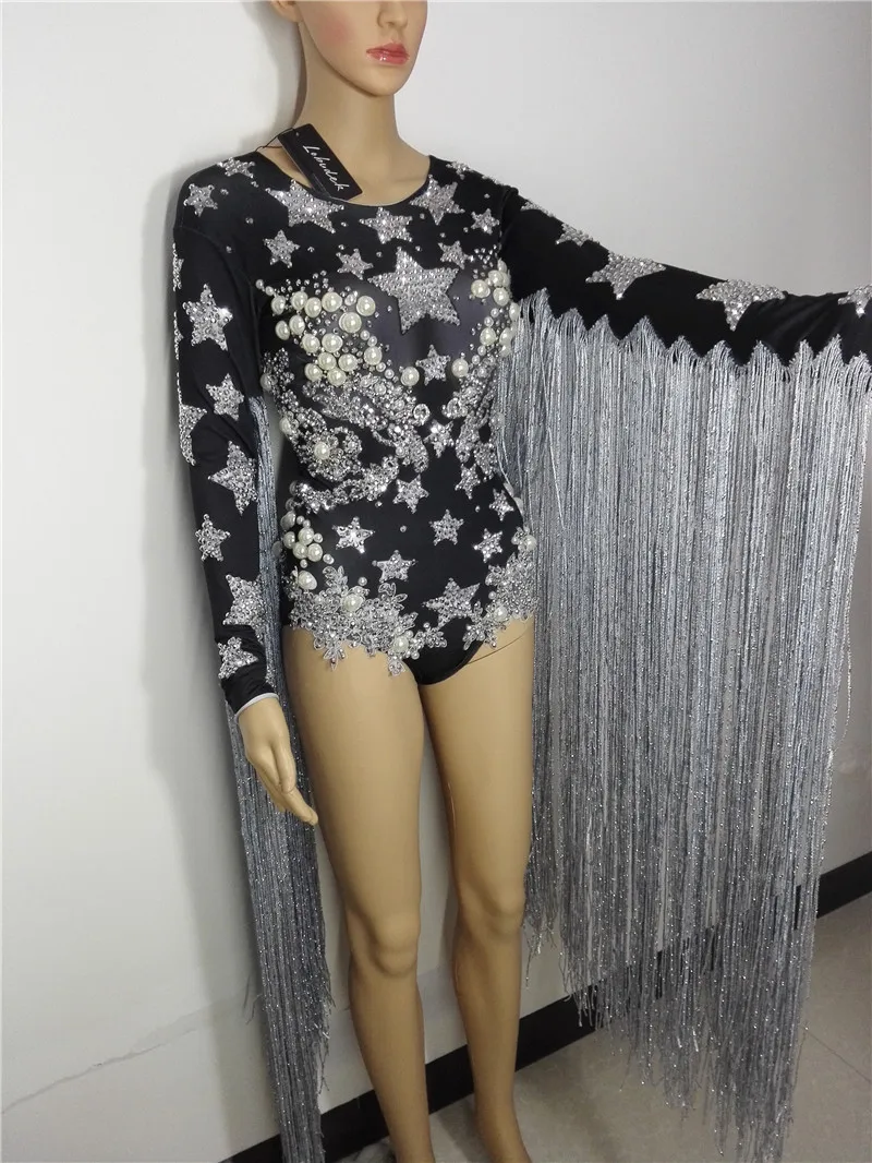 Silver Rhinestones Pearl Tassel Sleeve Bodysuit Women Singer Dancer Stage Wear Dance Team Nightclub Bar Performance Costume