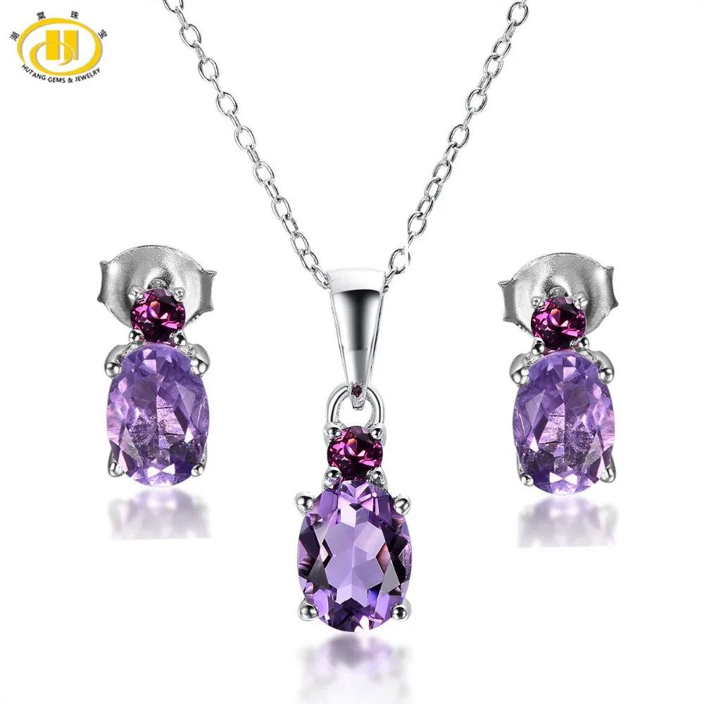 

Hutang Natural Amethyst & Rhodolite Garnet Solid 925 Sterling Silver Gemstone Jewelry Sets Earrings & Pendant Women's Jewelry