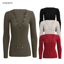 singyou New winter deep v belt knit sweater coat female Sexy Tiefem V-ausschnitt Strappy Tops Pullover