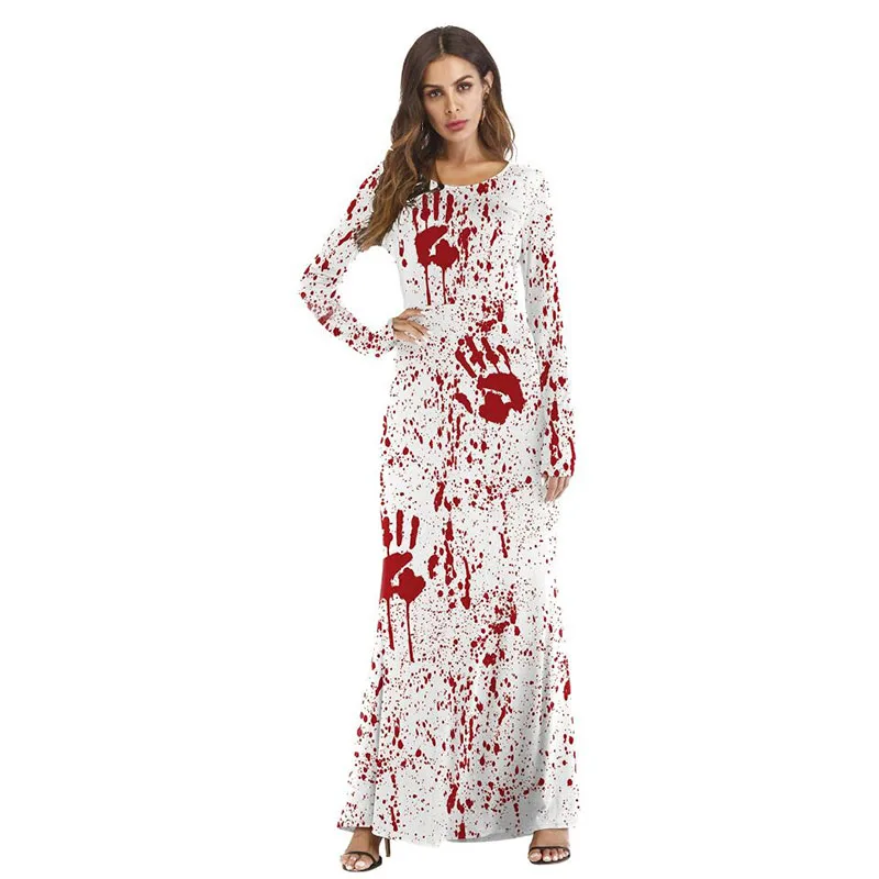 Девушки Ladie ужас крови печати руки платье костюм зомби жуткая кровавая стена страшный костюм Хэллоуин платья наряд для женщин