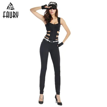 

Women Halloween Cosplay Costume Adult American Special Swat Cosplay Moto & Biker Black Jumpsuits Girls Cool Cos Apparel