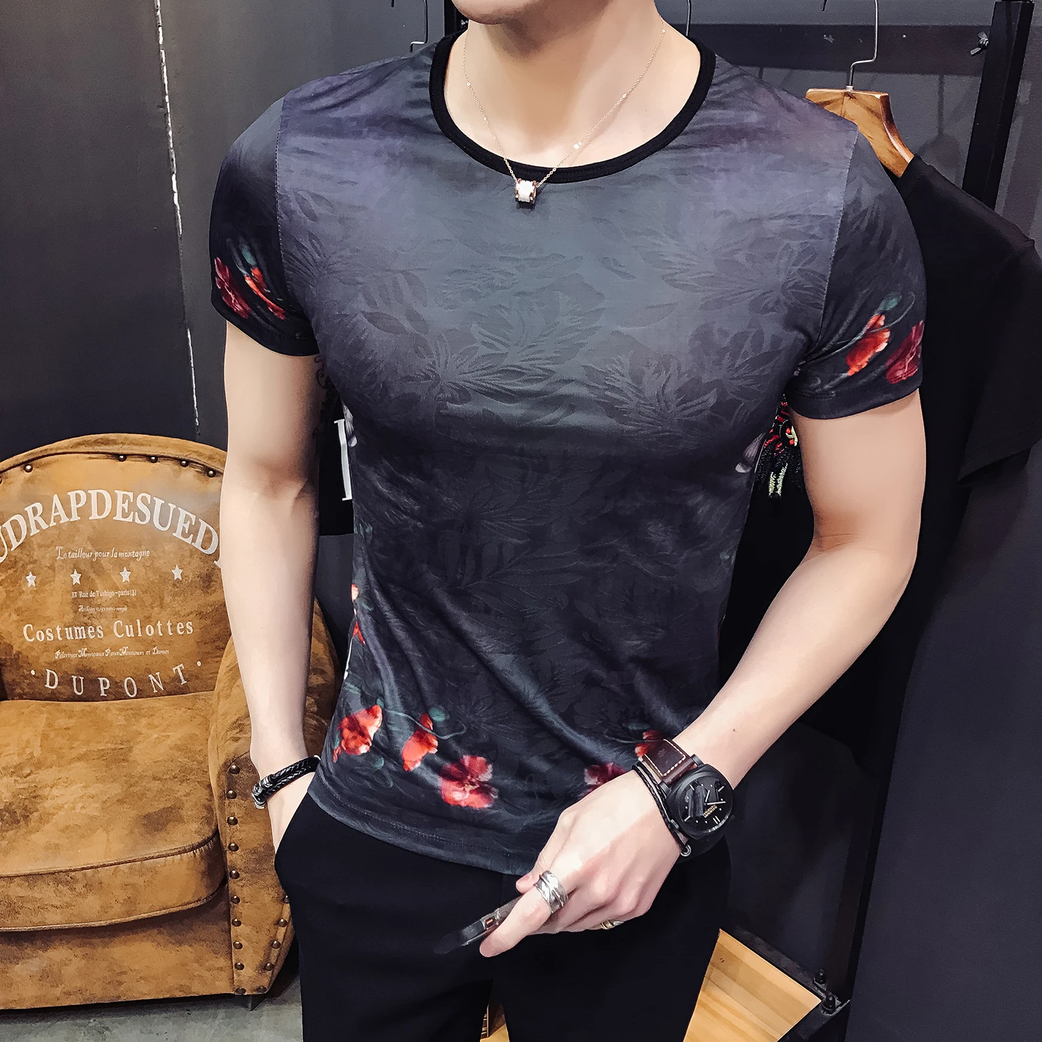 Navy Blue Корейская Футболка с принтом для девочек мужские Клубные вечерние футболки в стиле барокко Pantalon Moda Hombre Camiseta Hombre Manga Corta Ice Silk короткая футболка - Цвет: Navy Blue