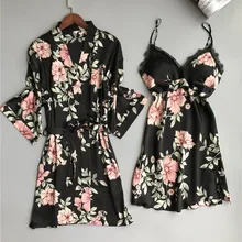 Женский комплект 2 шт., сексуальные шелковые свадебные халаты для подружек невесты, с принтом, окрашенные халаты, кружевные халаты для женщин, мини платье, кимоно, Халат