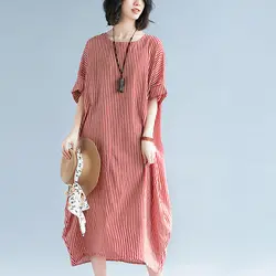 Мода 2018 летнее платье женское платье Красное Длинное Платье оверсайз в полоску халат бохо платье с коротким рукавом Одежда