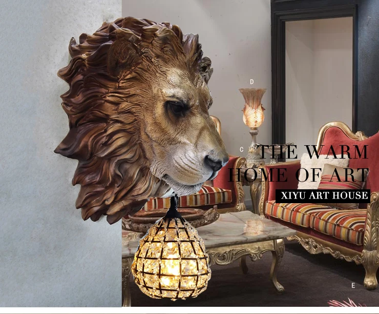 Нордический стиль смолы статуэтка «голова льва» Настенные светильники старинные настенные бра декоративные ресторан коридор гостиная смолы настенные светильники