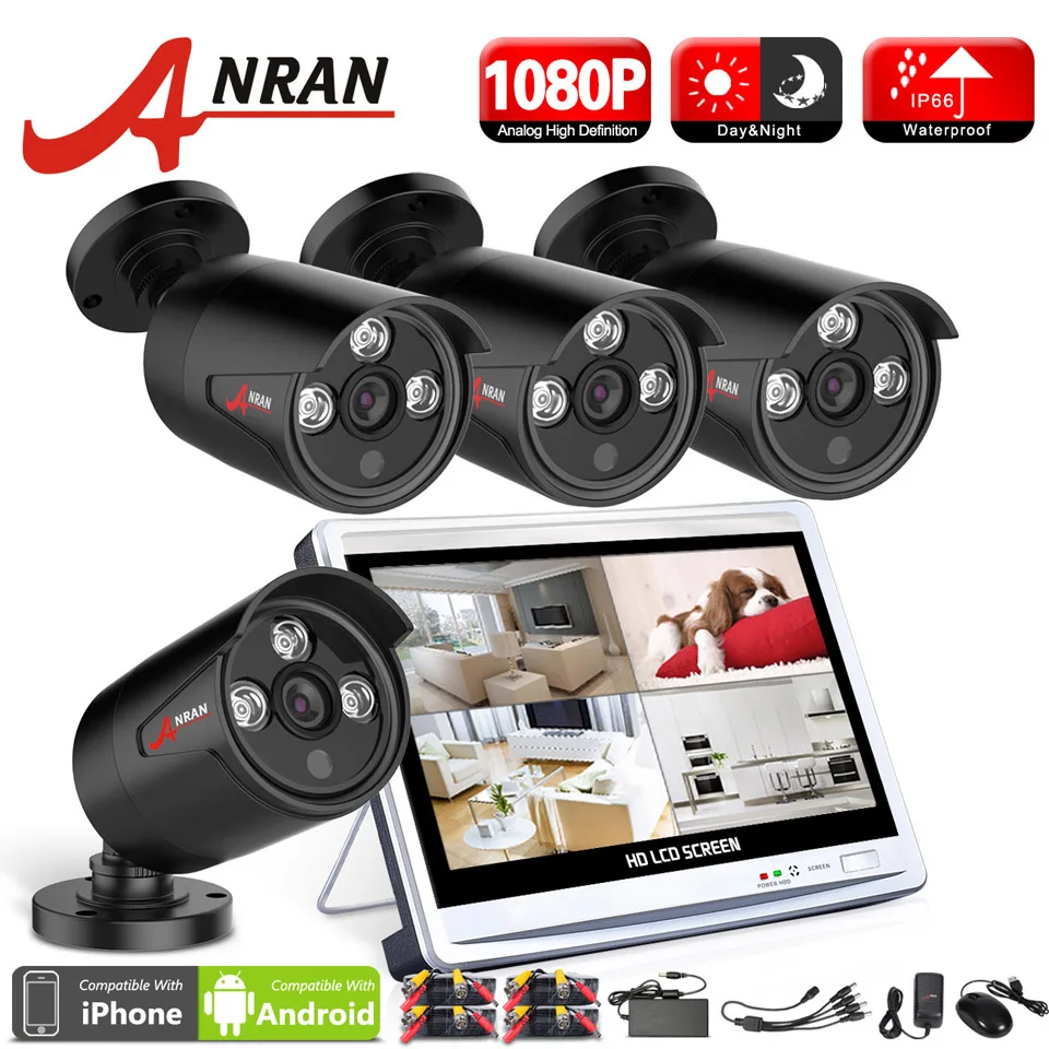 

ANRAN P2P Surveillance 4CH 1080P 3 Array IR Day Night Outdoor Camera HDMI Kit 12 Inch LCD Screen AHD DVR CCTV Security System