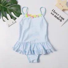 Новинка года; Полосатые Купальники для девочек с цветочной аппликацией; Купальники для маленьких девочек; одежда для отдыха; комплект из одного предмета с регулируемыми бретелями