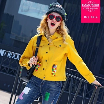

2018 spring new women's ruffles spliced long-sleeve yellow short jacket coat female Cotton street style wide-waisted jacket L67