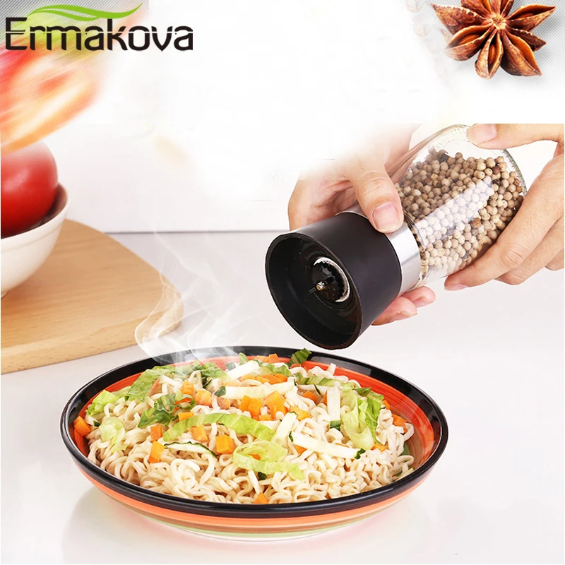 

ERMAKOVA 5 Inch Colorful Solid Glass Salt and Pepper Mill Shaker with Strong Adjustable Ceramic Grinder Kitchen Gadget Tools