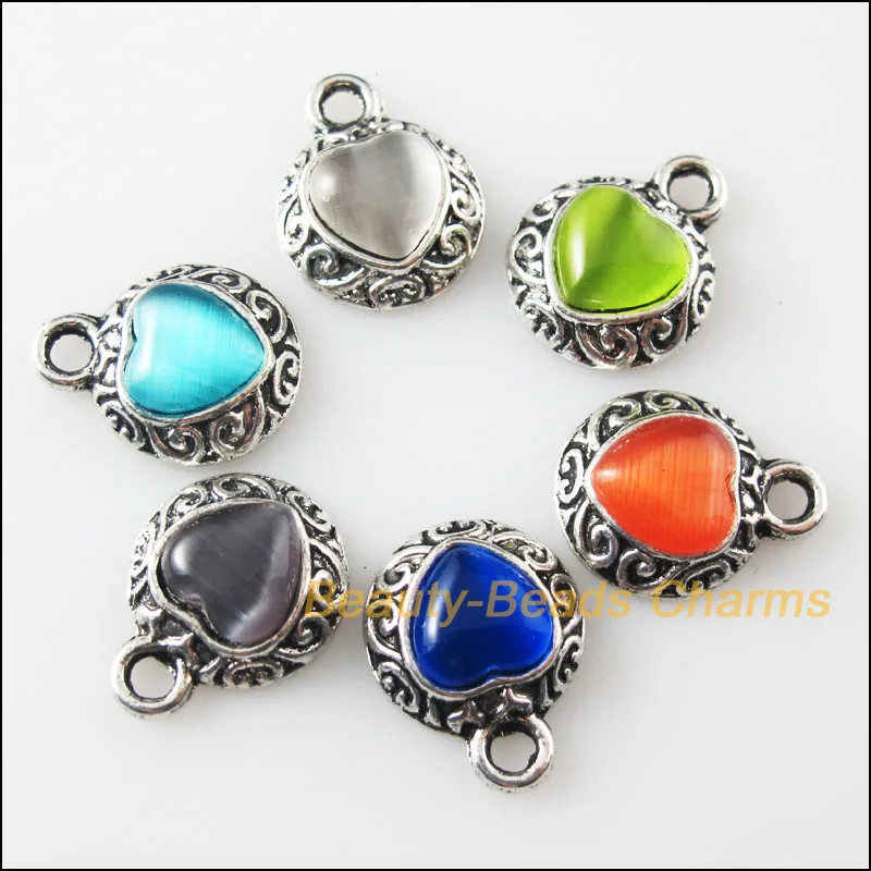 

New 6Pcs Mixed Retro Tibetan Silver Cat Eye Stone Heart Charms Pendants 13x16mm
