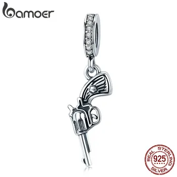 

BAMOER 100% Real 925 Sterling Silver Vintage Revolver Pistol Pendant Charm fit Women Charm Bracelet DIY Beads Jewelry SCC508