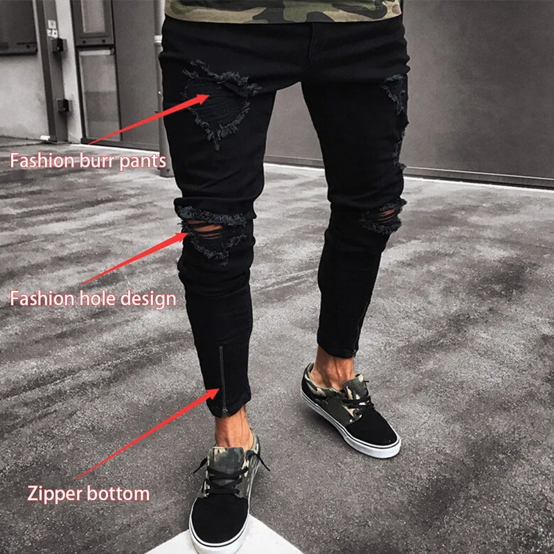 2019 Fashion Ripped Jeans Men Pants Skinny Slim Straight Denim Men Jeans With Zipper Bottom New Stylish Pencil Pants Men Clothes
