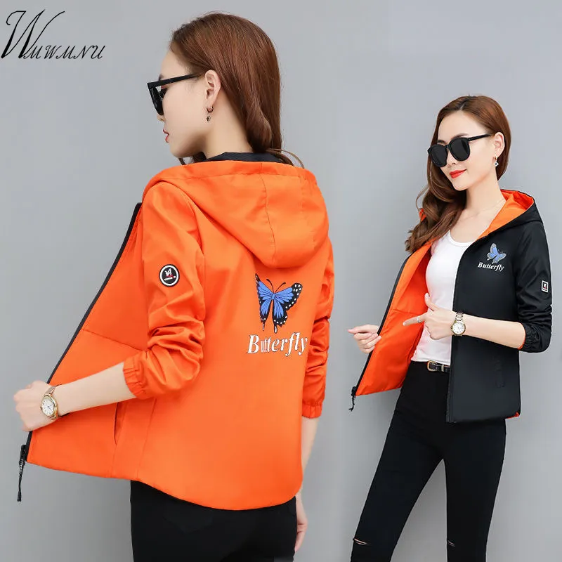 

New 2019 Spring women Bomber Jacket Zipper hooded two side wear Cartoon print outwear loose plus size Top Casual sports jacket