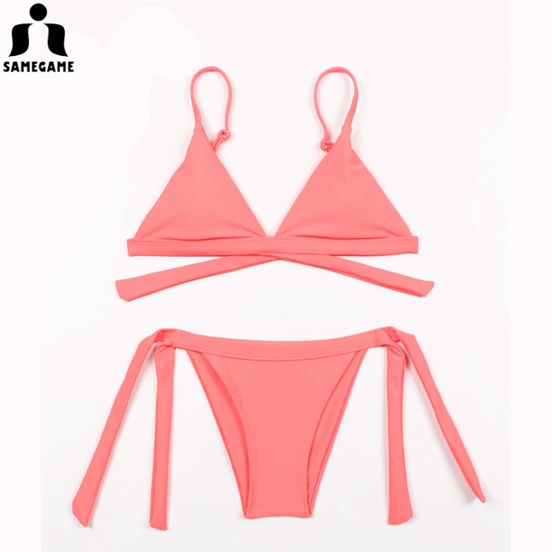 

SAMEGAME 2019 New Arrival Solid Brazilian Bikini Women Swimwear Bandage Swimsuit Vintage Handmade Bikini Set Female Bathing Suit