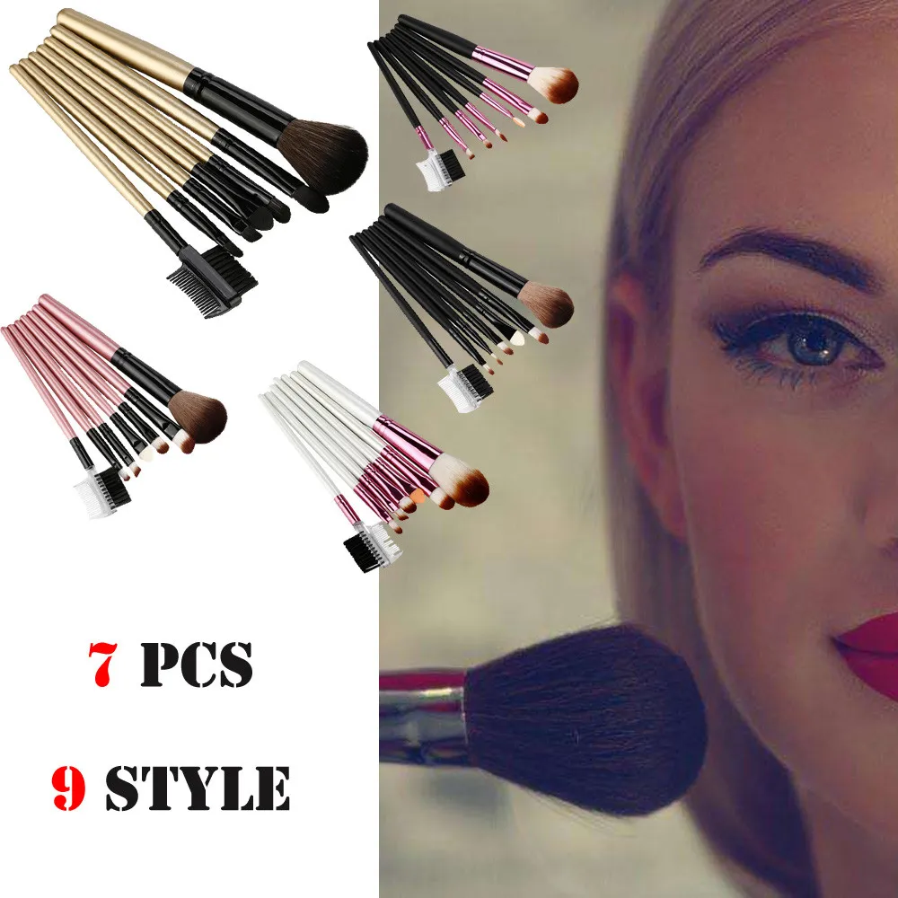 

7 Pcs Wood Champagne makeup brushes set for cosmetic foundation powder blush eyeshadow Blending Brush Tool