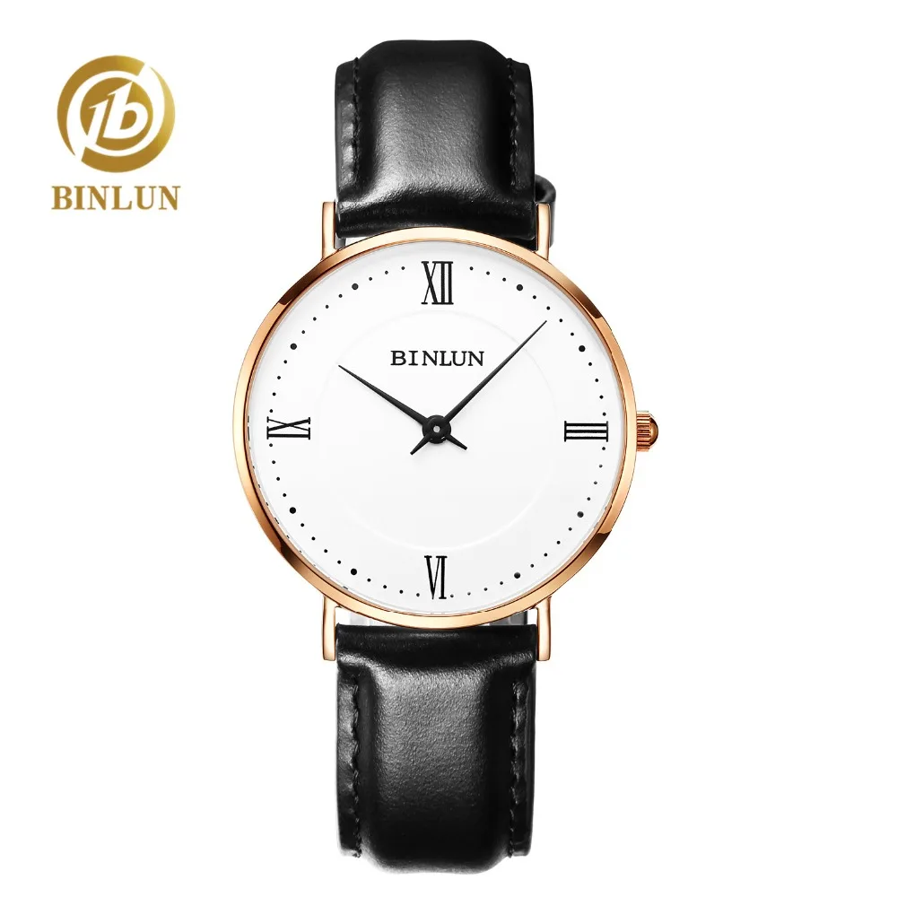 

BINLUN Ultra Thin Design Quartz Men's Watch Simple Rome Dial Genuine Leather Band Quartz Watch For Men's Wrist Watch Rose Gold