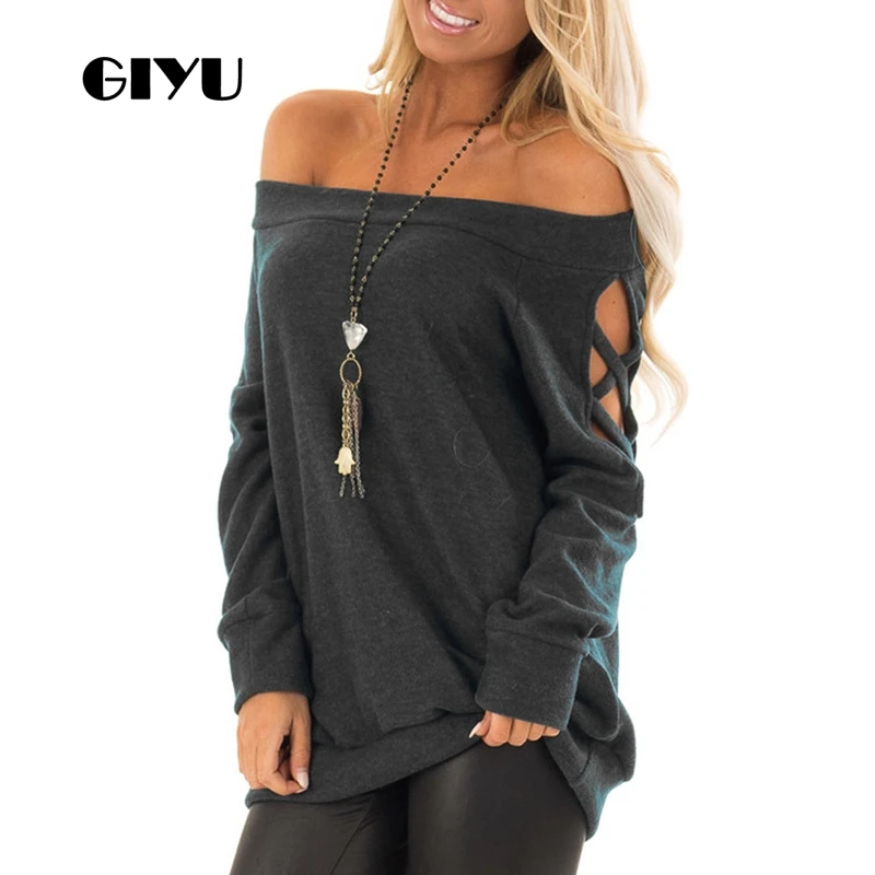 

GIYU Hollow Out Solid Slash Neck T Shirt Women Long Sleeve Tee Sexy Casual Loose Basic Tops Female 2019 camiseta mujer