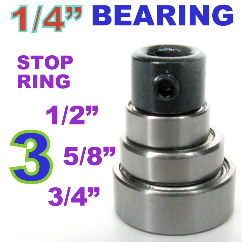

4pc Top Mounted 1/2, 5/8, 3/4 Bearing & Stop Ring for 1/4" SH Router Bit