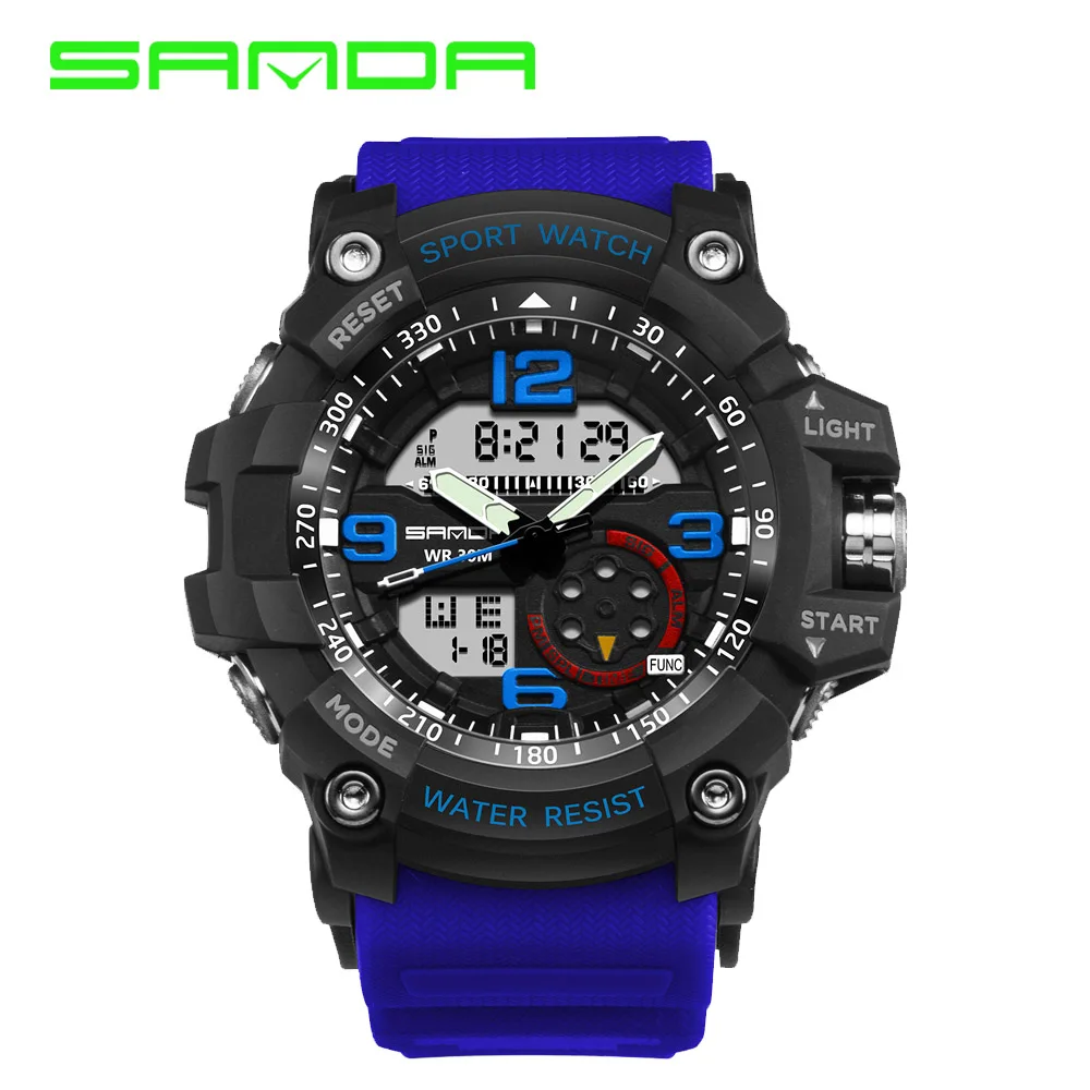 SANDA часы с двумя дисплеями мужские водонепроницаемые светодиодный спортивные военные часы Shock Orologi Sport Мужские кварцевые наручные часы - Цвет: Синий