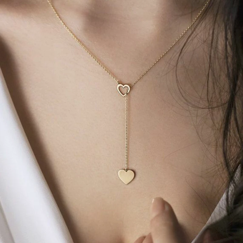 

New Style Temperament Gold Silver Double Love Heart Pendant Simple Clavicle Chain for Women Bohemian Necklace