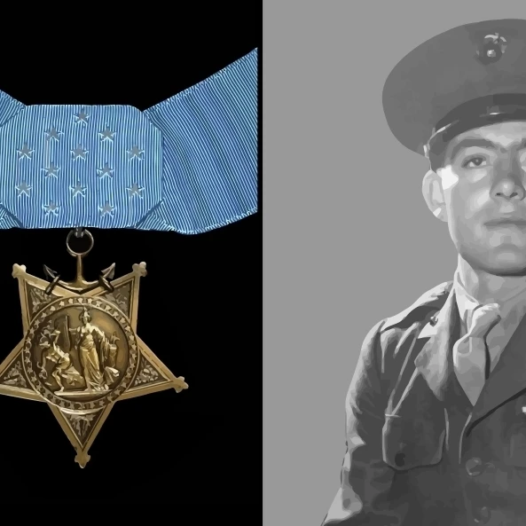 Digitally restored vector portrait of Sergeant John Basilone and the Medal of Honor Poster Print (36 x 21)