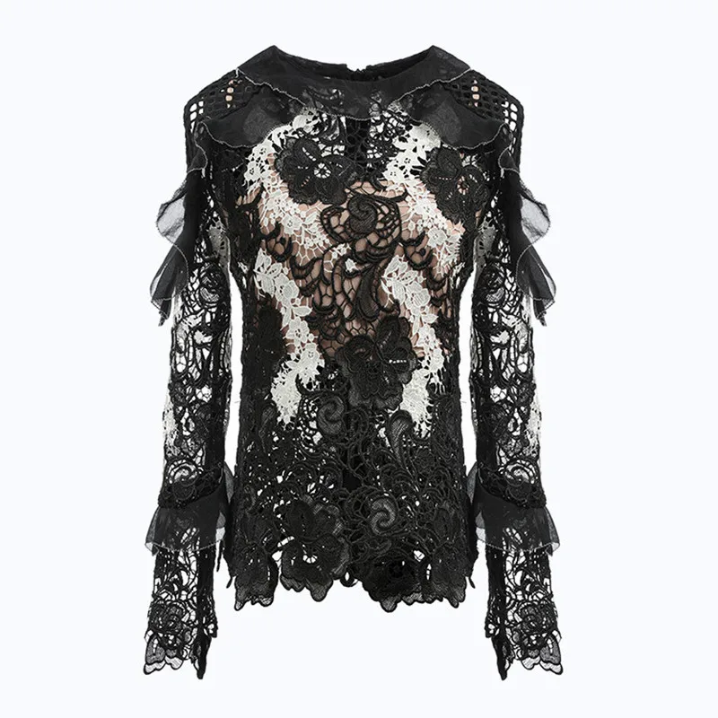 

High Quality Runway Spring Designer Top Women's Long Sleeve Vintage Black Embroidery Hollow Out Lace Patchwork Blouse 2017