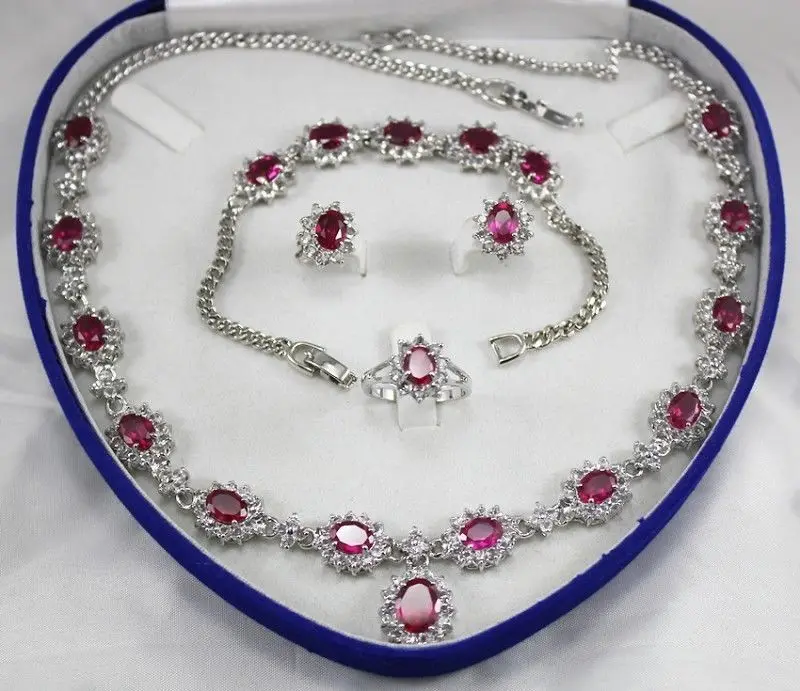 

Hot sell Noble- hot sell new - 18GP Natural Rose Red zircon necklace 18 "bracelet 7.5" Earring Ring (A0425)