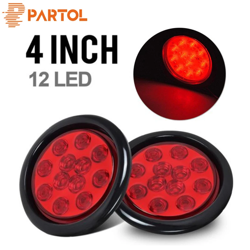 

Partol 4" Inch Red 12 LED Round Backup Tail Stop Turn Truck Light Universal for Trucks trailers tractors semi-trailer Dump Truck