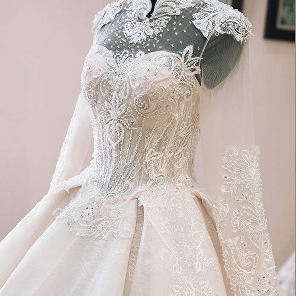 Vestido de Casamento роскошное бальное платье с аппликацией из бисера, свадебные платья с длинным рукавом, платье невесты с высоким воротом