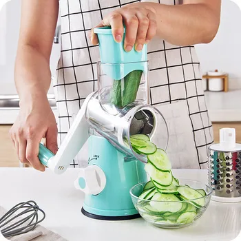 

Multifunctional Hand Drum Design Potato Shaper with 3 blades Manual Grinding Chip for kitchen Fruit & Vegetable Tool