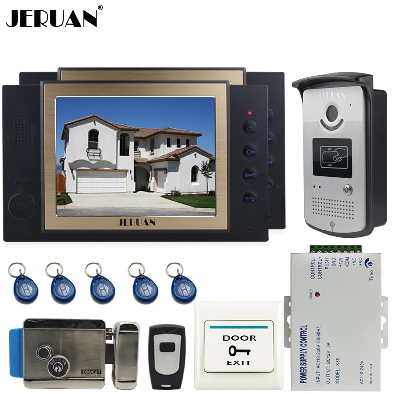 

JERUAN 8`` TFT video door phone Record intercom system Kit 2 monitors RFID access Camera 8GB SD CARD + Exit butto+Electric Lock