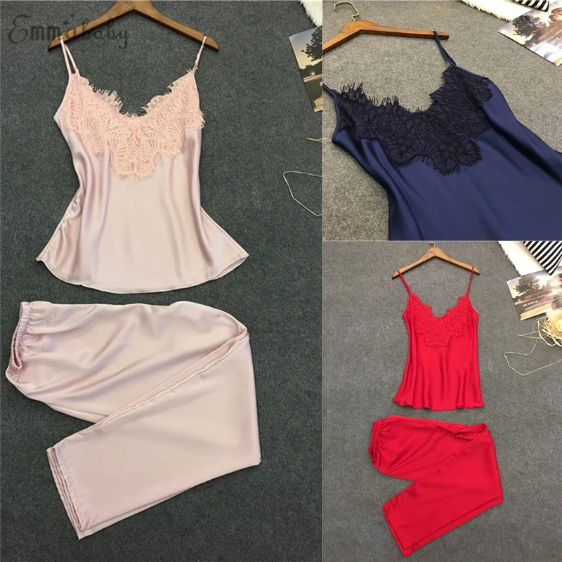 

2019 New Sexy Women Lace Patchwork Pyjamas Vest Pants Sets Summer Sleepwear Home Pajamas V-Neck Nightwear