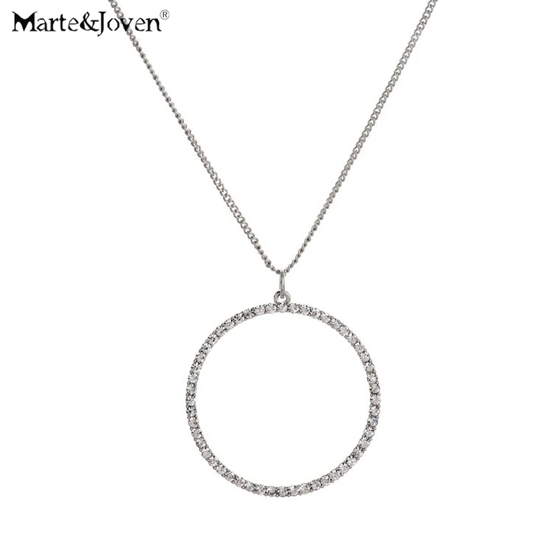 

Marte&Joven New Silver Plated Hollow Circle Necklace Round Rhinestone Long necklaces & pendants For Women simple Jewelry