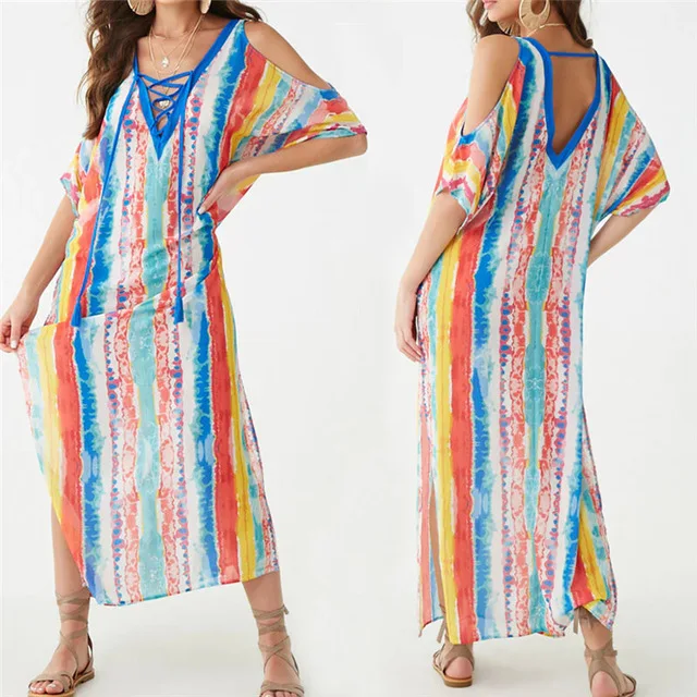 

2019 Multicolored Bohemian Printed Lace Up V-Neck Cold Shoulder Cape Sleeve Side Split Boho Summer Beach Dress Cotton Tunic N814